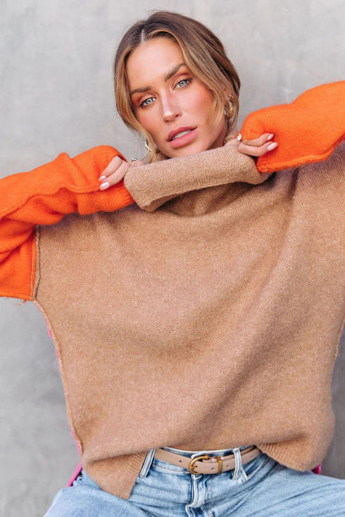 Drop-Shoulder Colorblock Turtleneck Knit Sweater Side-Slit Hem